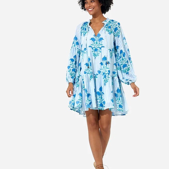 OLIPHANT Balloon Sleeve Short Jaipur Blue Stripe Dress Size M - Picture 2 of 5